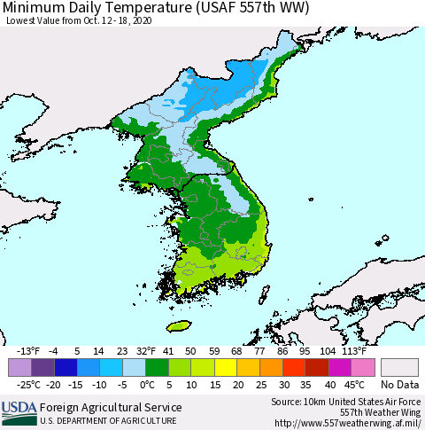 Korea Minimum Daily Temperature (USAF 557th WW) Thematic Map For 10/12/2020 - 10/18/2020