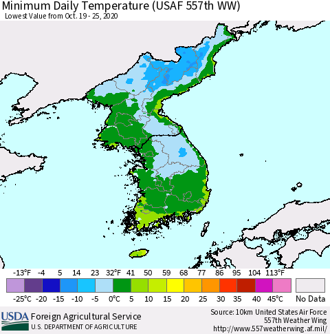 Korea Minimum Daily Temperature (USAF 557th WW) Thematic Map For 10/19/2020 - 10/25/2020