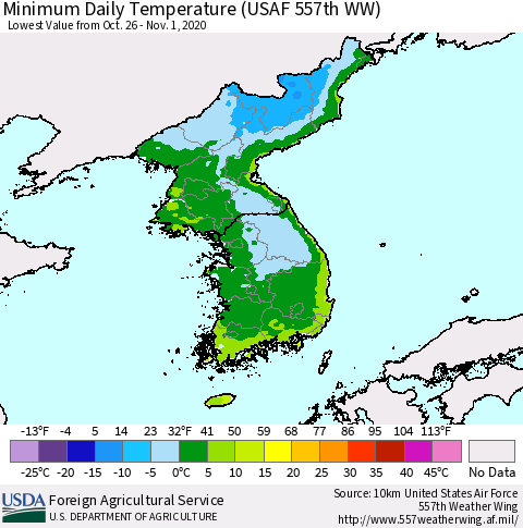 Korea Minimum Daily Temperature (USAF 557th WW) Thematic Map For 10/26/2020 - 11/1/2020
