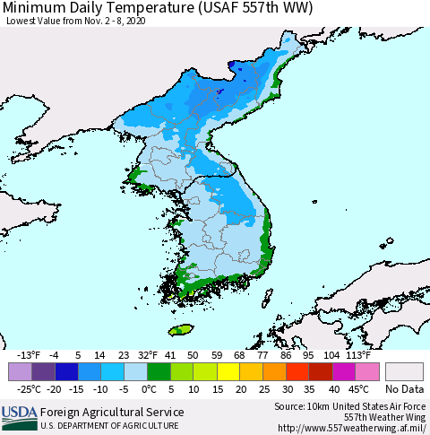 Korea Minimum Daily Temperature (USAF 557th WW) Thematic Map For 11/2/2020 - 11/8/2020