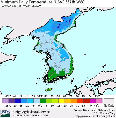 Korea Minimum Daily Temperature (USAF 557th WW) Thematic Map For 11/9/2020 - 11/15/2020