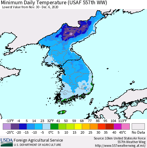 Korea Minimum Daily Temperature (USAF 557th WW) Thematic Map For 11/30/2020 - 12/6/2020