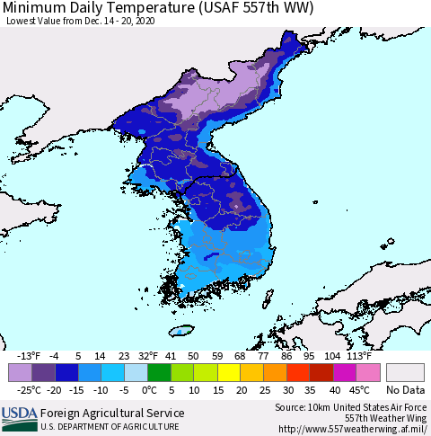 Korea Minimum Daily Temperature (USAF 557th WW) Thematic Map For 12/14/2020 - 12/20/2020
