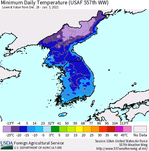 Korea Minimum Daily Temperature (USAF 557th WW) Thematic Map For 12/28/2020 - 1/3/2021