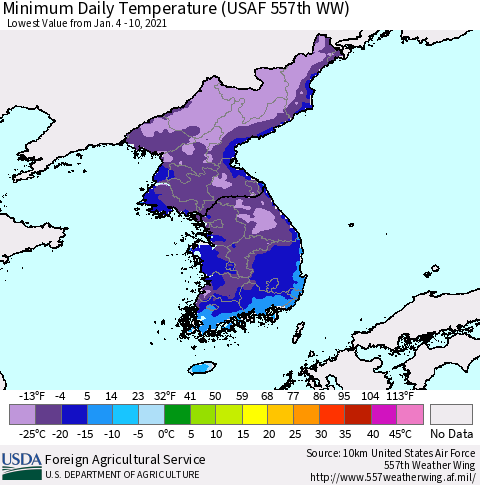 Korea Minimum Daily Temperature (USAF 557th WW) Thematic Map For 1/4/2021 - 1/10/2021