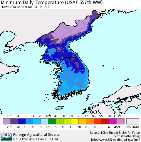 Korea Minimum Daily Temperature (USAF 557th WW) Thematic Map For 1/18/2021 - 1/24/2021