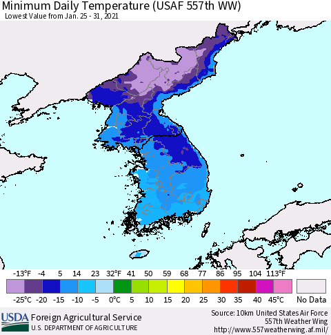 Korea Minimum Daily Temperature (USAF 557th WW) Thematic Map For 1/25/2021 - 1/31/2021