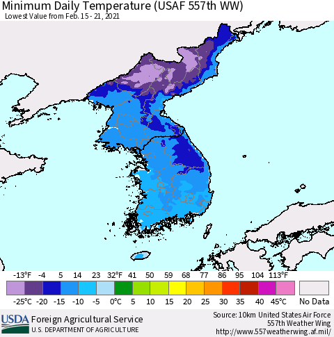 Korea Minimum Daily Temperature (USAF 557th WW) Thematic Map For 2/15/2021 - 2/21/2021