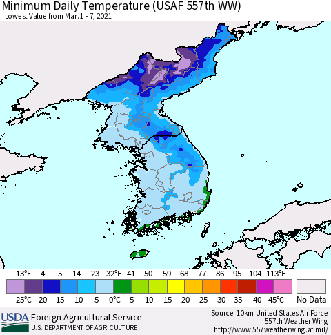 Korea Minimum Daily Temperature (USAF 557th WW) Thematic Map For 3/1/2021 - 3/7/2021