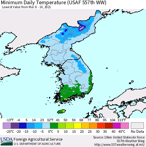 Korea Minimum Daily Temperature (USAF 557th WW) Thematic Map For 3/8/2021 - 3/14/2021