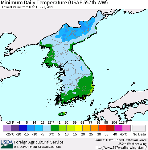 Korea Minimum Daily Temperature (USAF 557th WW) Thematic Map For 3/15/2021 - 3/21/2021