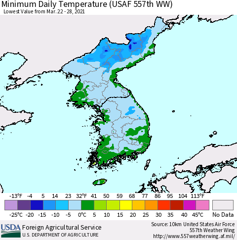 Korea Minimum Daily Temperature (USAF 557th WW) Thematic Map For 3/22/2021 - 3/28/2021