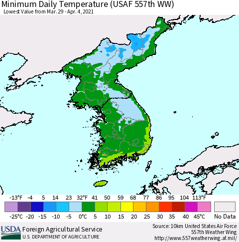 Korea Minimum Daily Temperature (USAF 557th WW) Thematic Map For 3/29/2021 - 4/4/2021