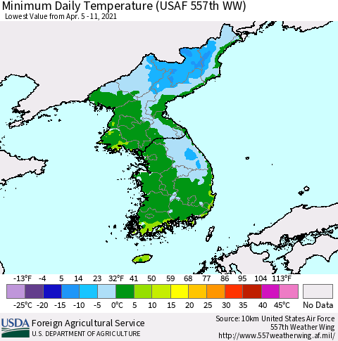 Korea Minimum Daily Temperature (USAF 557th WW) Thematic Map For 4/5/2021 - 4/11/2021