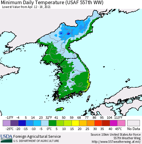 Korea Minimum Daily Temperature (USAF 557th WW) Thematic Map For 4/12/2021 - 4/18/2021