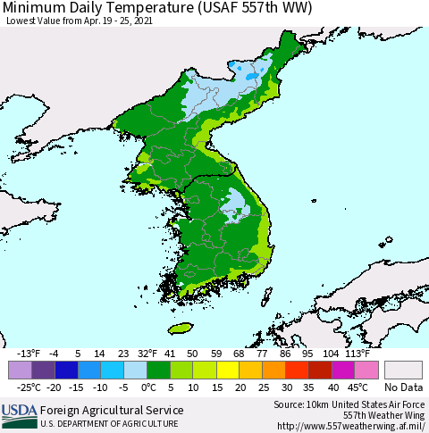 Korea Minimum Daily Temperature (USAF 557th WW) Thematic Map For 4/19/2021 - 4/25/2021