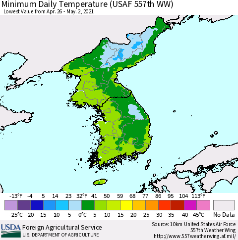 Korea Minimum Daily Temperature (USAF 557th WW) Thematic Map For 4/26/2021 - 5/2/2021