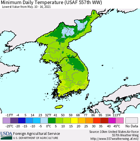 Korea Minimum Daily Temperature (USAF 557th WW) Thematic Map For 5/10/2021 - 5/16/2021