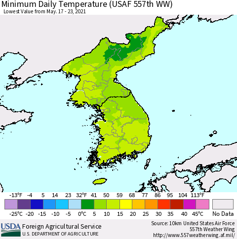 Korea Minimum Daily Temperature (USAF 557th WW) Thematic Map For 5/17/2021 - 5/23/2021
