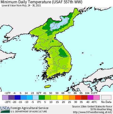 Korea Minimum Daily Temperature (USAF 557th WW) Thematic Map For 5/24/2021 - 5/30/2021