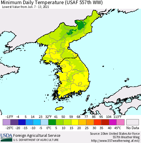 Korea Minimum Daily Temperature (USAF 557th WW) Thematic Map For 6/7/2021 - 6/13/2021