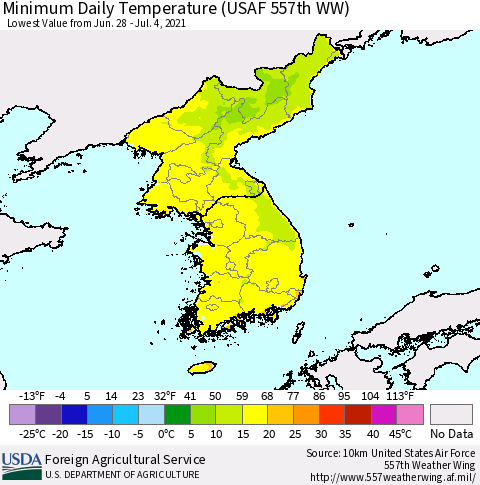 Korea Minimum Daily Temperature (USAF 557th WW) Thematic Map For 6/28/2021 - 7/4/2021