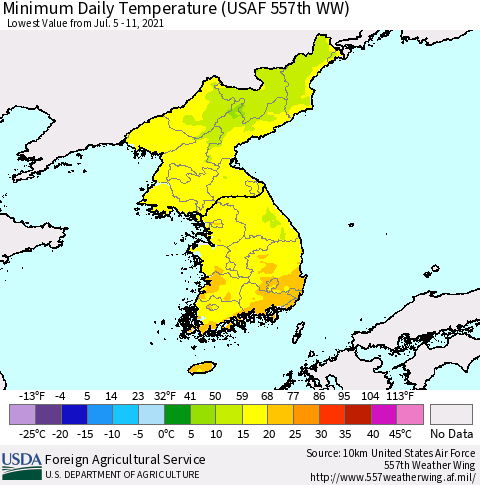 Korea Minimum Daily Temperature (USAF 557th WW) Thematic Map For 7/5/2021 - 7/11/2021