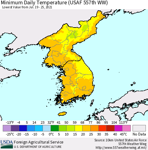 Korea Minimum Daily Temperature (USAF 557th WW) Thematic Map For 7/19/2021 - 7/25/2021