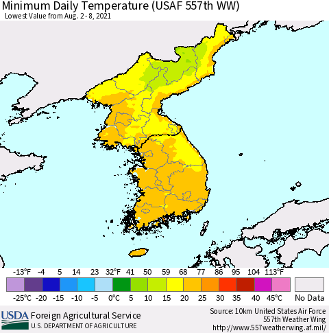 Korea Minimum Daily Temperature (USAF 557th WW) Thematic Map For 8/2/2021 - 8/8/2021