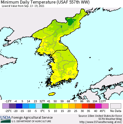 Korea Minimum Daily Temperature (USAF 557th WW) Thematic Map For 9/13/2021 - 9/19/2021