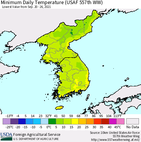 Korea Minimum Daily Temperature (USAF 557th WW) Thematic Map For 9/20/2021 - 9/26/2021