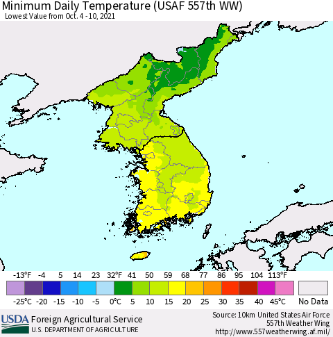 Korea Minimum Daily Temperature (USAF 557th WW) Thematic Map For 10/4/2021 - 10/10/2021