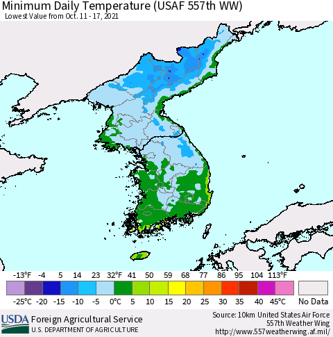Korea Minimum Daily Temperature (USAF 557th WW) Thematic Map For 10/11/2021 - 10/17/2021