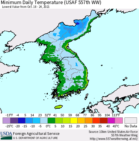 Korea Minimum Daily Temperature (USAF 557th WW) Thematic Map For 10/18/2021 - 10/24/2021