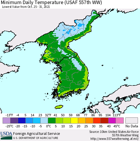Korea Minimum Daily Temperature (USAF 557th WW) Thematic Map For 10/25/2021 - 10/31/2021
