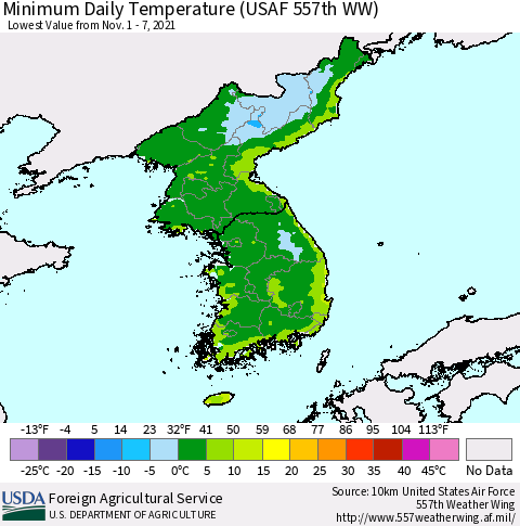 Korea Minimum Daily Temperature (USAF 557th WW) Thematic Map For 11/1/2021 - 11/7/2021