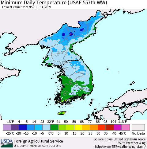 Korea Minimum Daily Temperature (USAF 557th WW) Thematic Map For 11/8/2021 - 11/14/2021