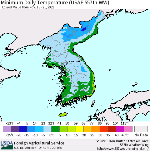 Korea Minimum Daily Temperature (USAF 557th WW) Thematic Map For 11/15/2021 - 11/21/2021