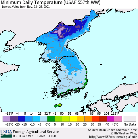 Korea Minimum Daily Temperature (USAF 557th WW) Thematic Map For 11/22/2021 - 11/28/2021