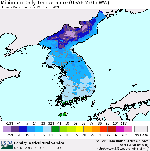 Korea Minimum Daily Temperature (USAF 557th WW) Thematic Map For 11/29/2021 - 12/5/2021