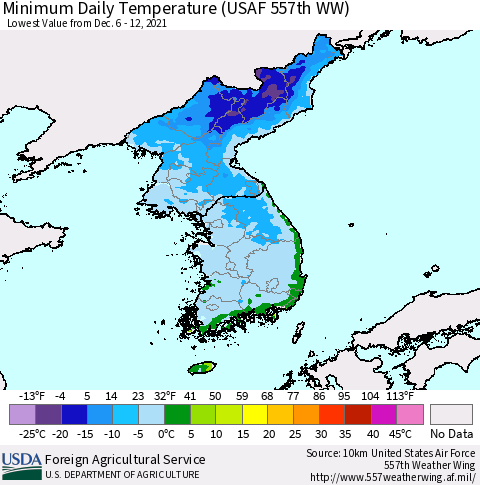 Korea Minimum Daily Temperature (USAF 557th WW) Thematic Map For 12/6/2021 - 12/12/2021