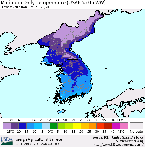 Korea Minimum Daily Temperature (USAF 557th WW) Thematic Map For 12/20/2021 - 12/26/2021