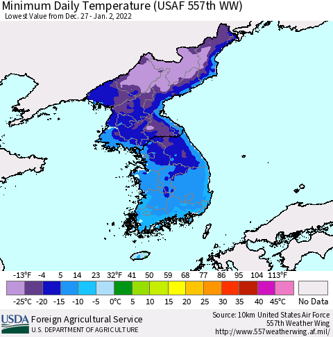Korea Minimum Daily Temperature (USAF 557th WW) Thematic Map For 12/27/2021 - 1/2/2022