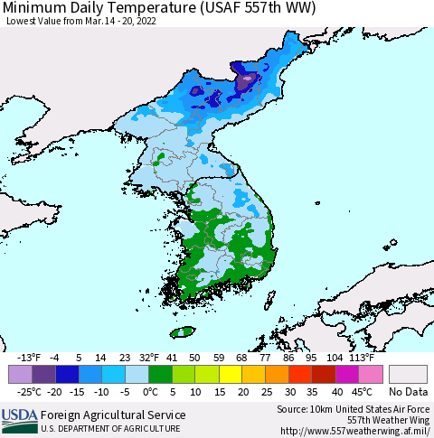 Korea Minimum Daily Temperature (USAF 557th WW) Thematic Map For 3/14/2022 - 3/20/2022