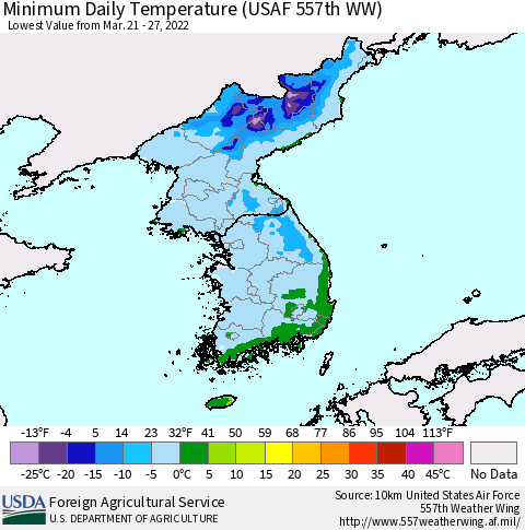 Korea Minimum Daily Temperature (USAF 557th WW) Thematic Map For 3/21/2022 - 3/27/2022