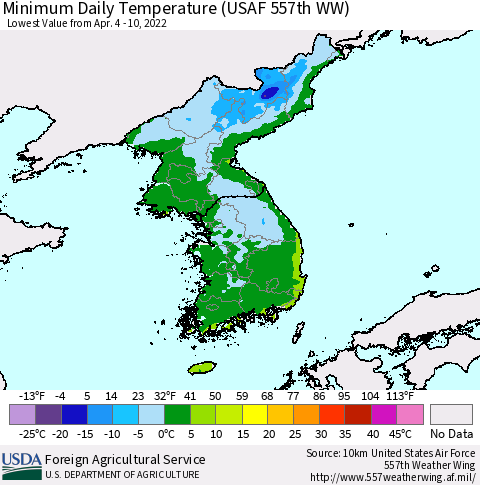 Korea Minimum Daily Temperature (USAF 557th WW) Thematic Map For 4/4/2022 - 4/10/2022