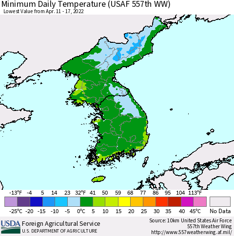 Korea Minimum Daily Temperature (USAF 557th WW) Thematic Map For 4/11/2022 - 4/17/2022