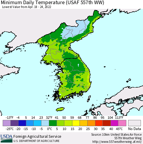 Korea Minimum Daily Temperature (USAF 557th WW) Thematic Map For 4/18/2022 - 4/24/2022