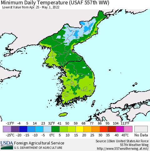Korea Minimum Daily Temperature (USAF 557th WW) Thematic Map For 4/25/2022 - 5/1/2022