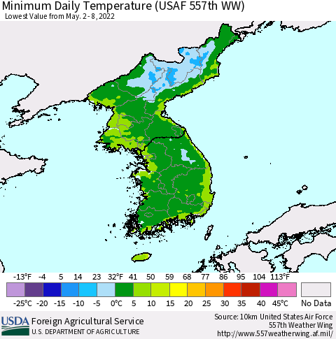 Korea Minimum Daily Temperature (USAF 557th WW) Thematic Map For 5/2/2022 - 5/8/2022